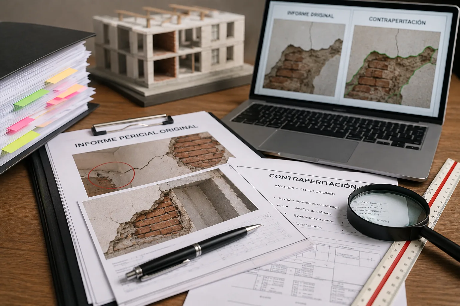 Comparación y revisión técnica de informes periciales para una contraperitación de arquitectura