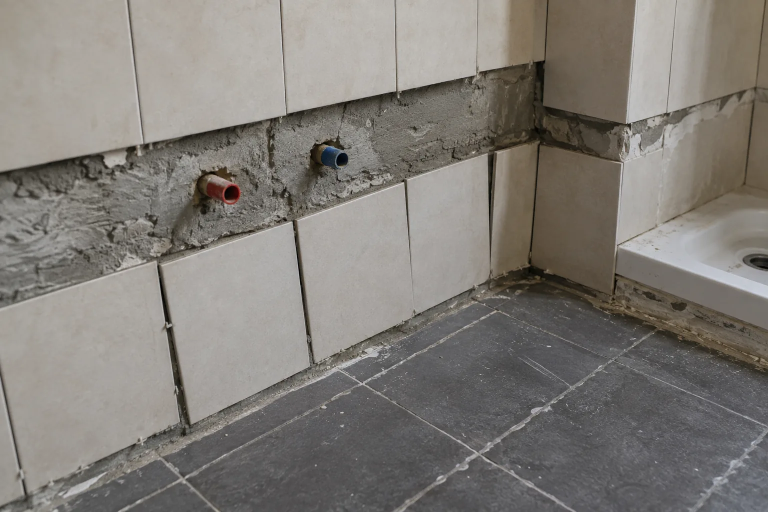 Reforma de baño mal ejecutada con alicatado irregular, juntas defectuosas y acabados sin rematar