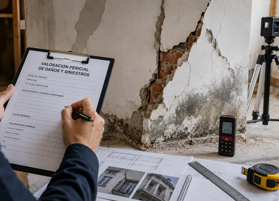 Inspección pericial de daños en un edificio con grietas, humedades y deterioro constructivo