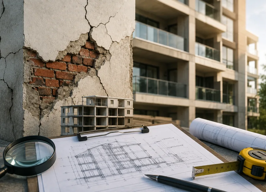 Valoración pericial de defectos constructivos en la fachada de un edificio con grietas y revestimiento desprendido