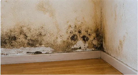 Humedad y moho aparecidos en la parte inferior de una pared