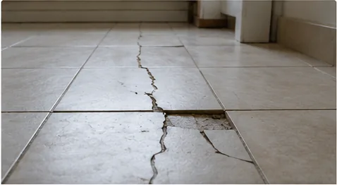 Pavimento fisurado por problema constructivo relacionado con impermeabilización o soporte