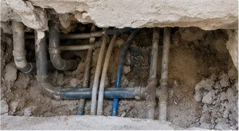 Instalaciones de fontanería ocultas tras un cerramiento abierto