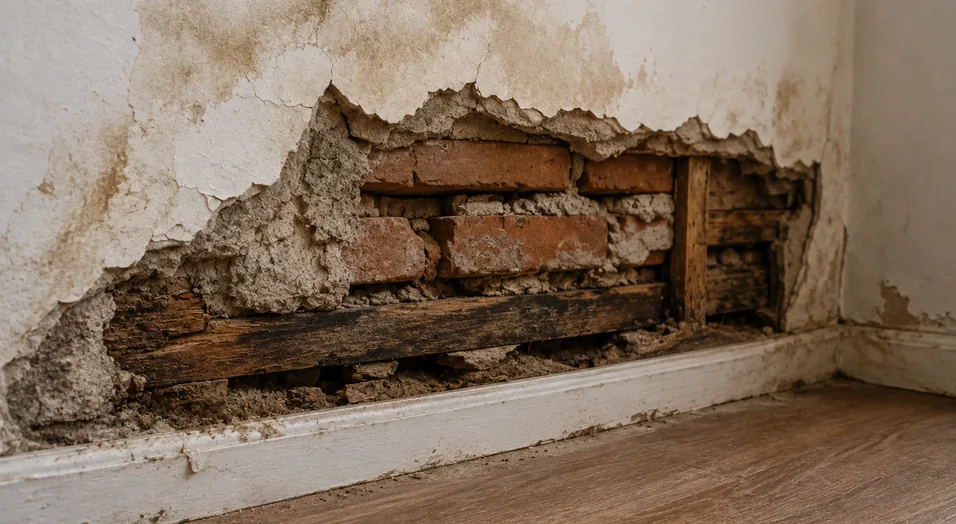Daño oculto por humedad con revestimiento desprendido y fábrica interior deteriorada en una vivienda