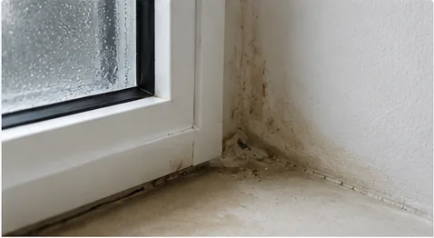 Humedad y moho junto a una ventana por sellado o encuentro defectuoso